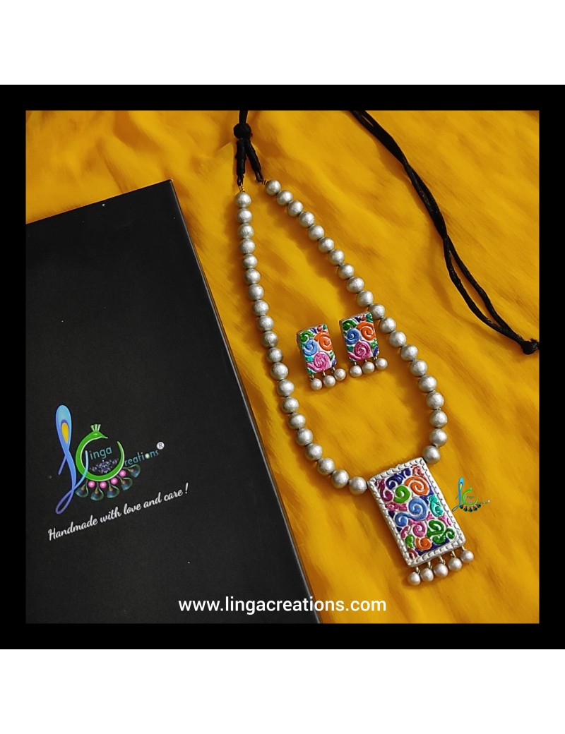Linga creations handmade terracotta jewellery silver bead and multicolor pendant jewellery