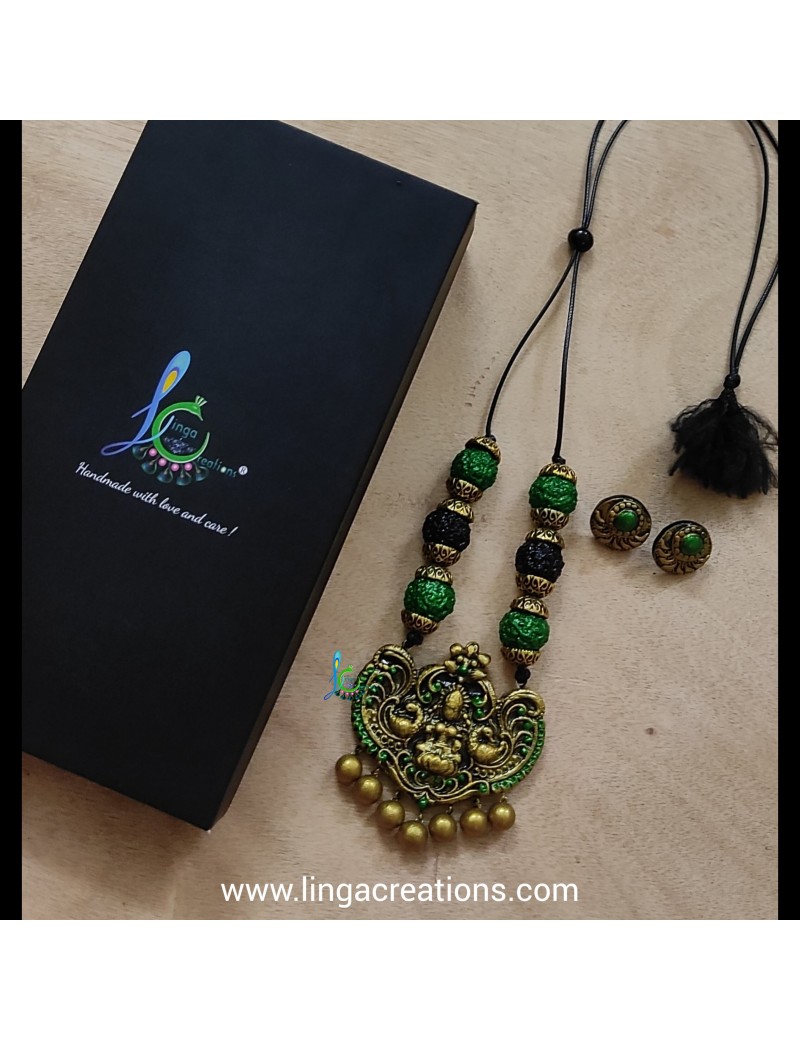 Linga creations hamdande terracotta jewellery Green and black Rudraksha bead lakshmi annam simple jewellery
