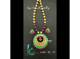 LEAF GREEN,  MAJENTA AND GOLD Pendent with round hole linga creaions handmade terracotta jewellery