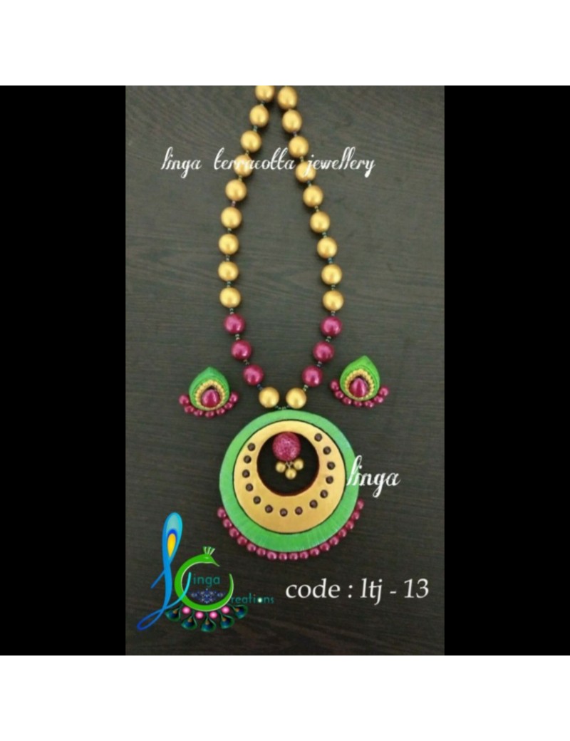LEAF GREEN,  MAJENTA AND GOLD Pendent with round hole linga creaions handmade terracotta jewellery