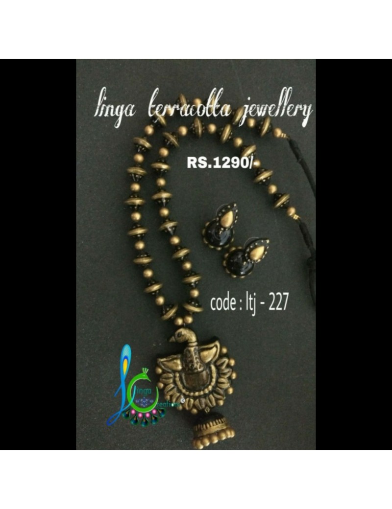 Linga creatioins terracotta jewellery Black and gold Peacock set