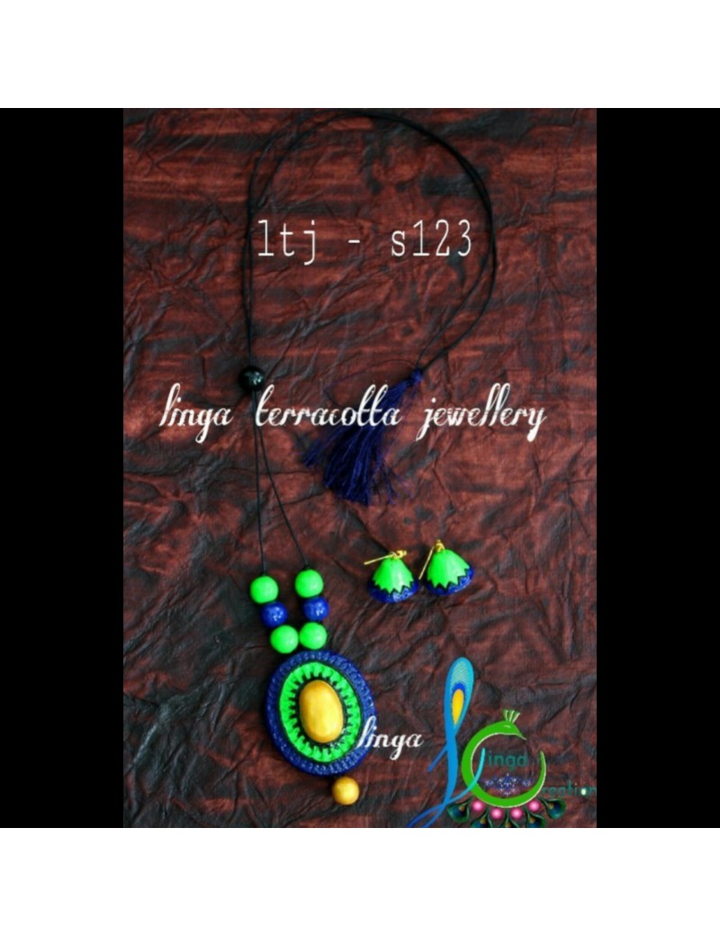 Linga creation terracotta jewellery Green pendant rope set