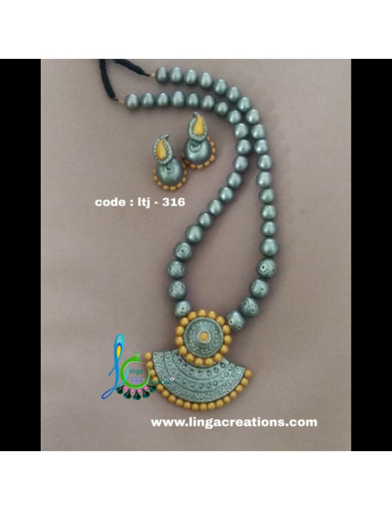 Linga creations terracotta jewellery Silver and gold pendant bead set