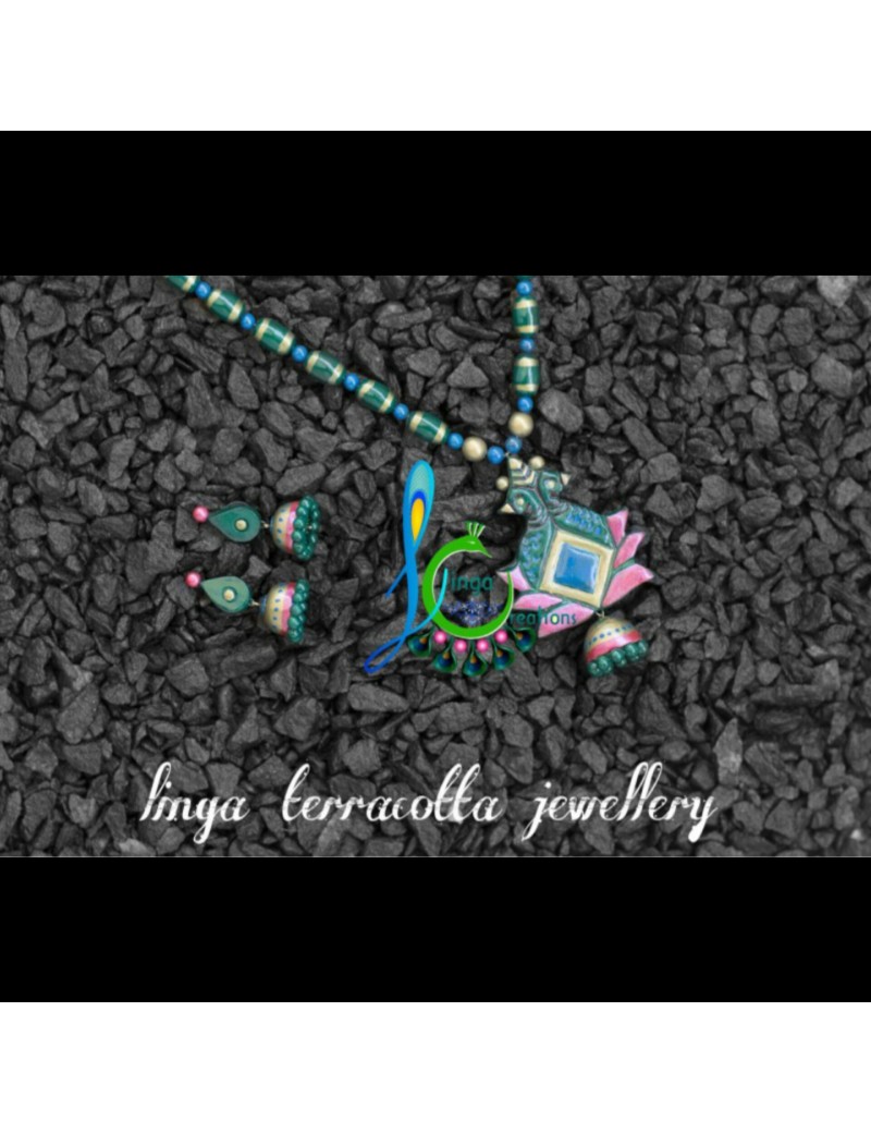 Linga creations terracotta jewellery Peacock pendant bead set