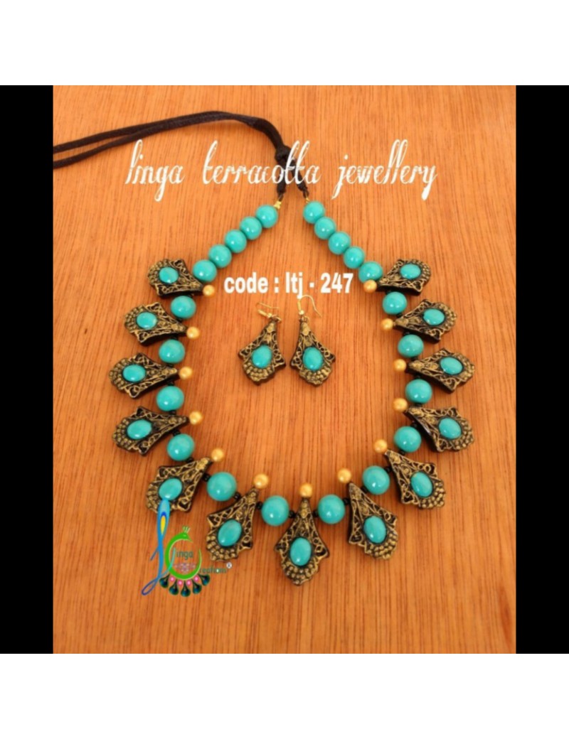 Bright cyan neklace linga Creations handmade terracotta jewellery