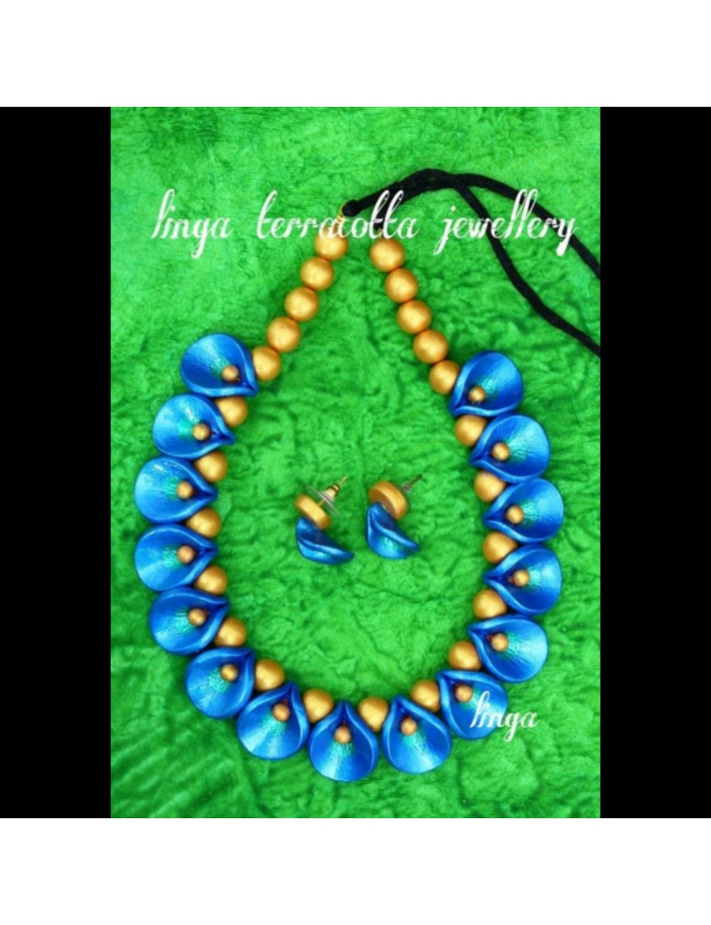 Linga creataions terracotta jewellery Blue peacock petal necklace jewellery