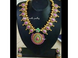 Linga creations terracotta jewellery Thilak bead pink round pendant jewellery