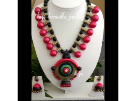Linga creation terracotta jewellery Pink bead jhumka pendant jewellery