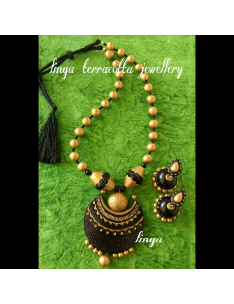 Linga creation terracotta jewellery Black and gold pendant jewellery