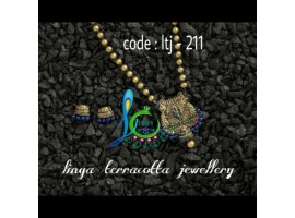 Linga Creations handmade terracotta jewellery Blue bead antique gold pendant jewellery