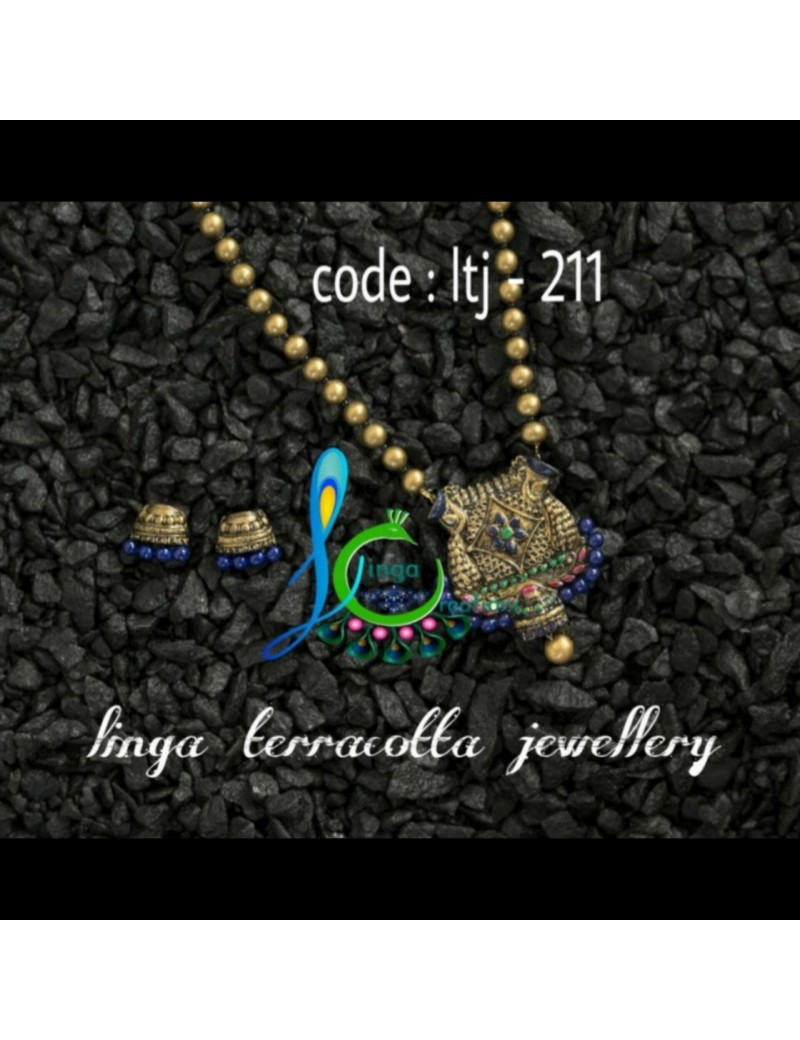 Linga Creations handmade terracotta jewellery Blue bead antique gold pendant jewellery