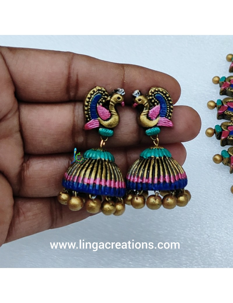Linga creations handmade terracotta jewellery Blue Pink peacock jhumkas