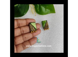 Linga creations handmade terracotta jewellery green rectangle stud