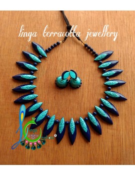 Tale blue Linga Creations handmade terracotta jewellery ear-ring mold necklace.