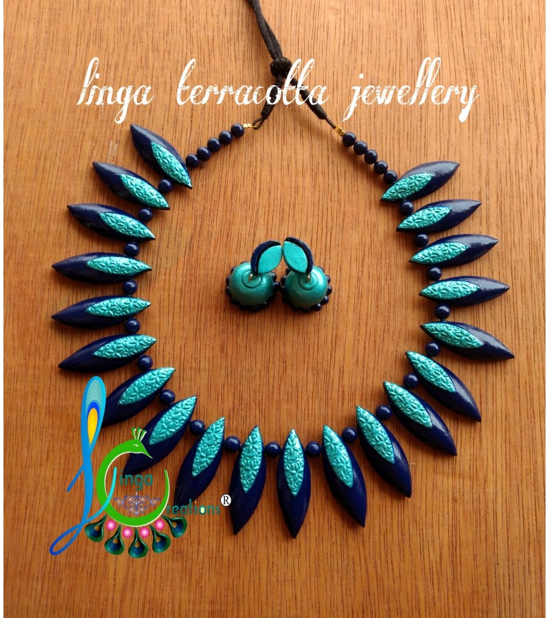 Tale blue Linga Creations handmade terracotta jewellery ear-ring mold necklace.