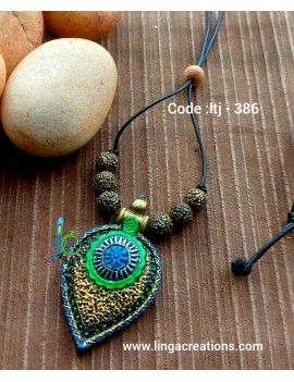 Green color Vell shape pendent with rudraksha beads simple terracotta jewellery
