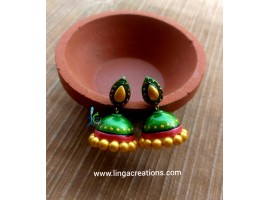 Pink and green linga creations handmade terracotta jewellery jhumkas