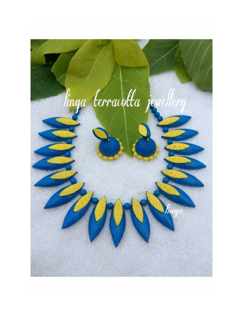 Blue and yellow Linga Creations handmade terracotta jewellery ear-ring mold necklace.