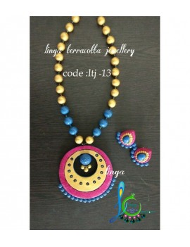 CERULEAN BLUE, PINK AND GOLD Pendent with round hole linga creaions handmade terracotta jewellery